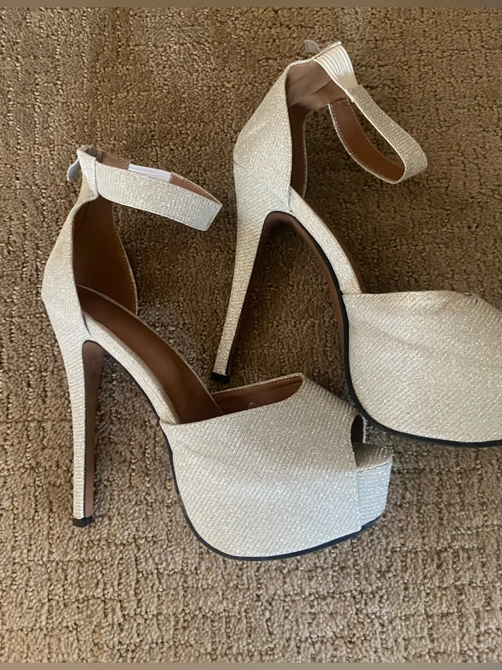 Silver Glitter Platform Peep Toe Stiletto Heels w/ ankle strap size 9